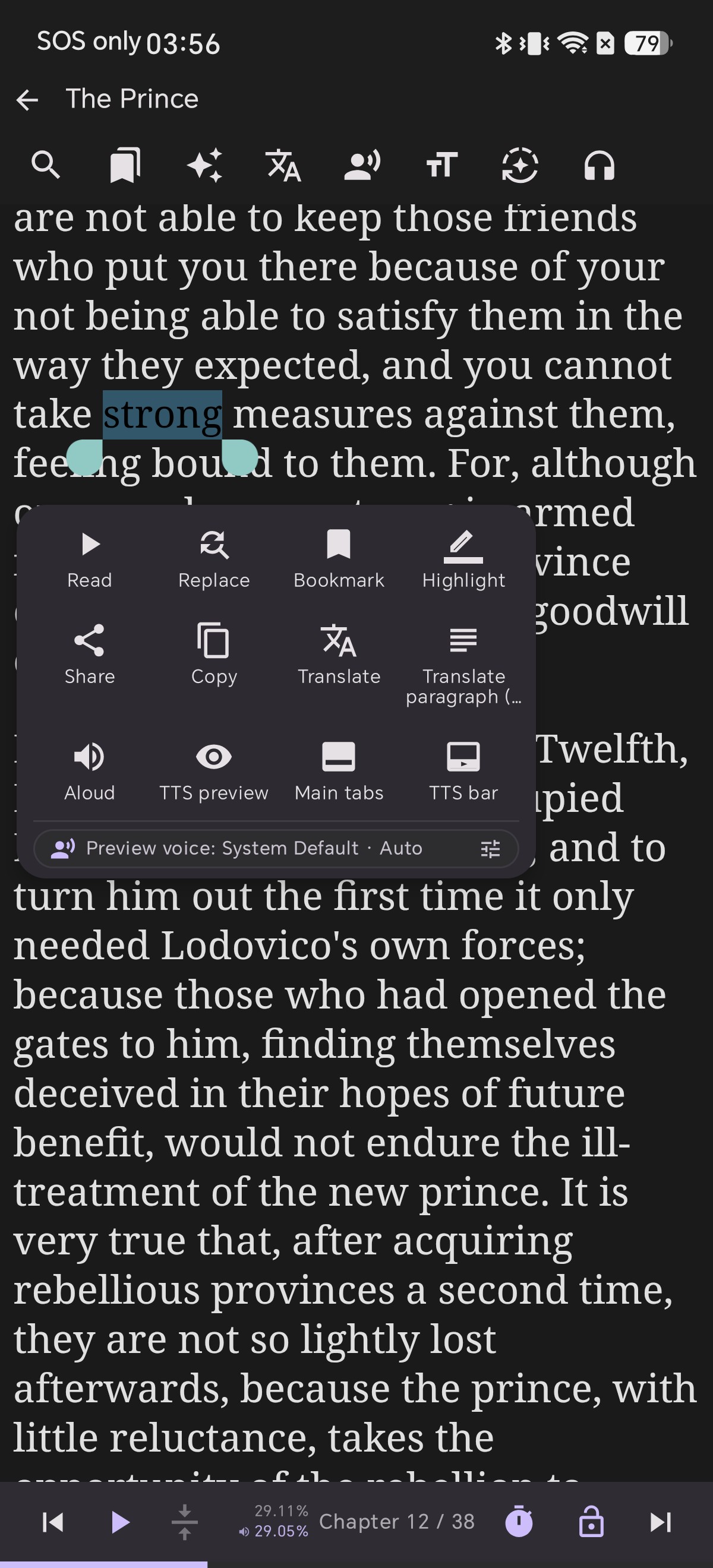 A single word selected in Shiori reader after a long-press showing selection handles and floating menu