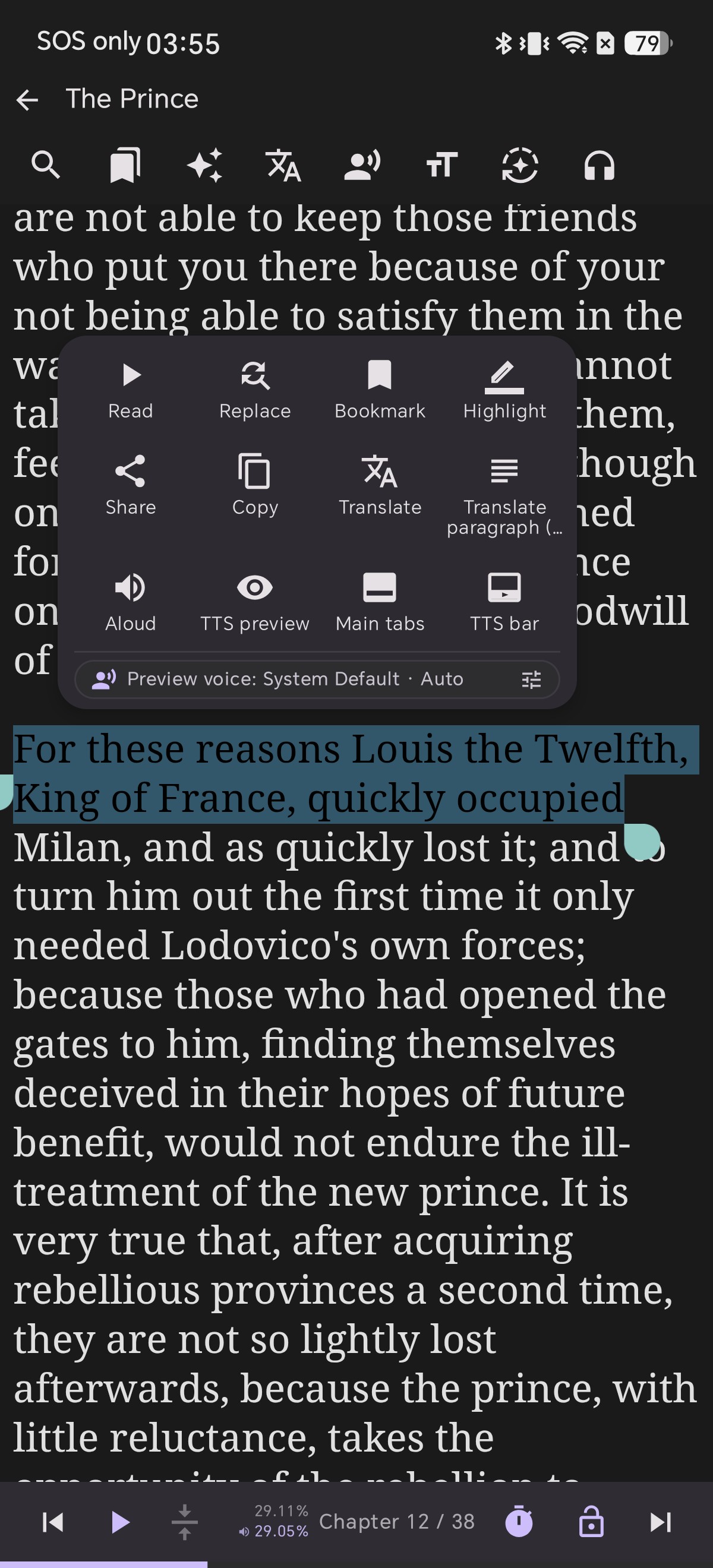 Selection dragged from a single word to a full sentence using the round handle with floating menu open
