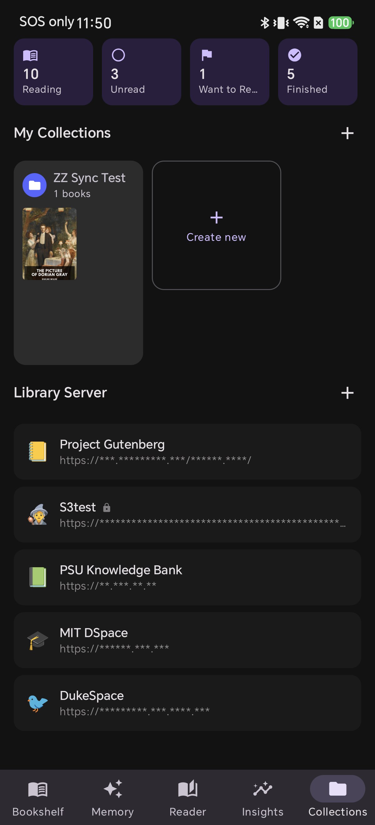 The Library Server section in the Collections tab of Shiori with an add button