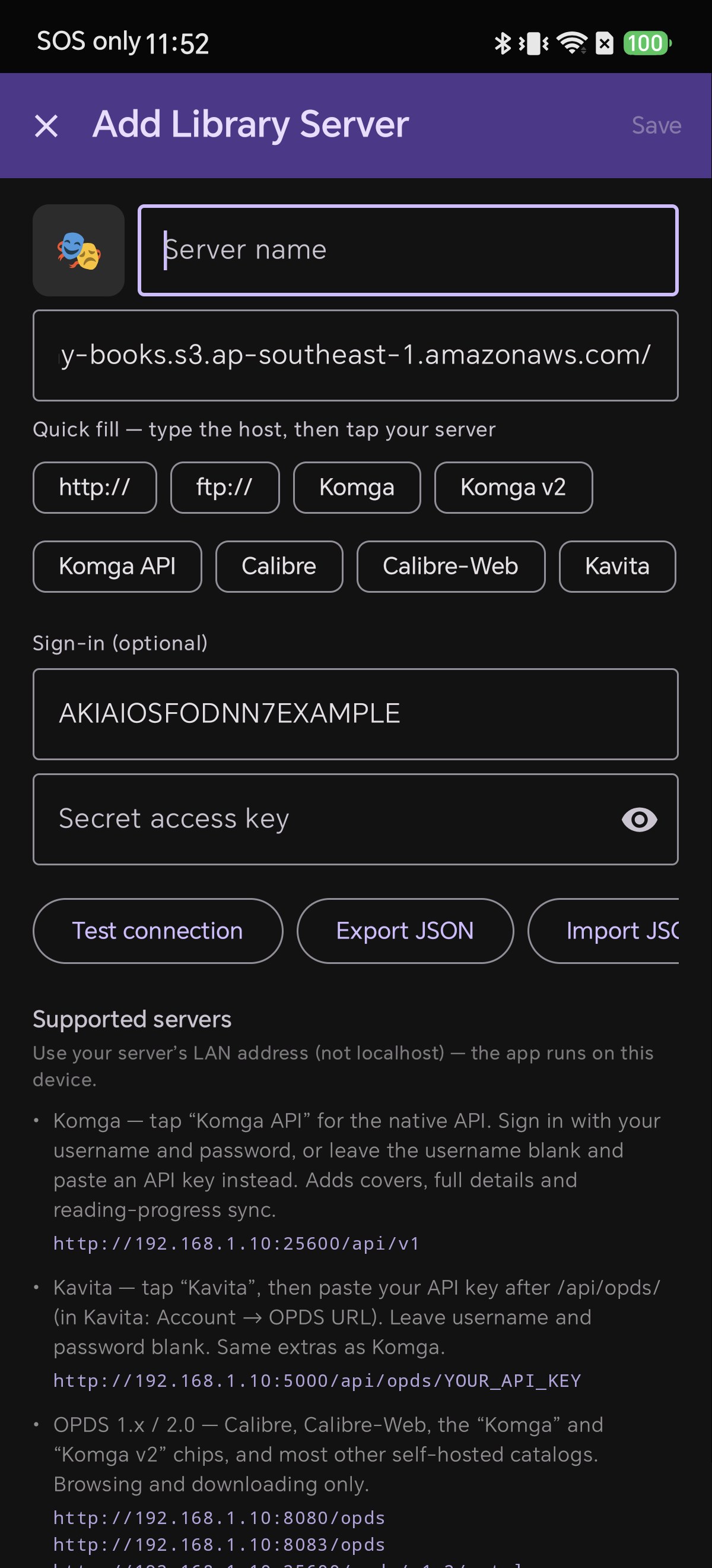 Adding an S3 bucket URL with access key and secret access key in Shiori