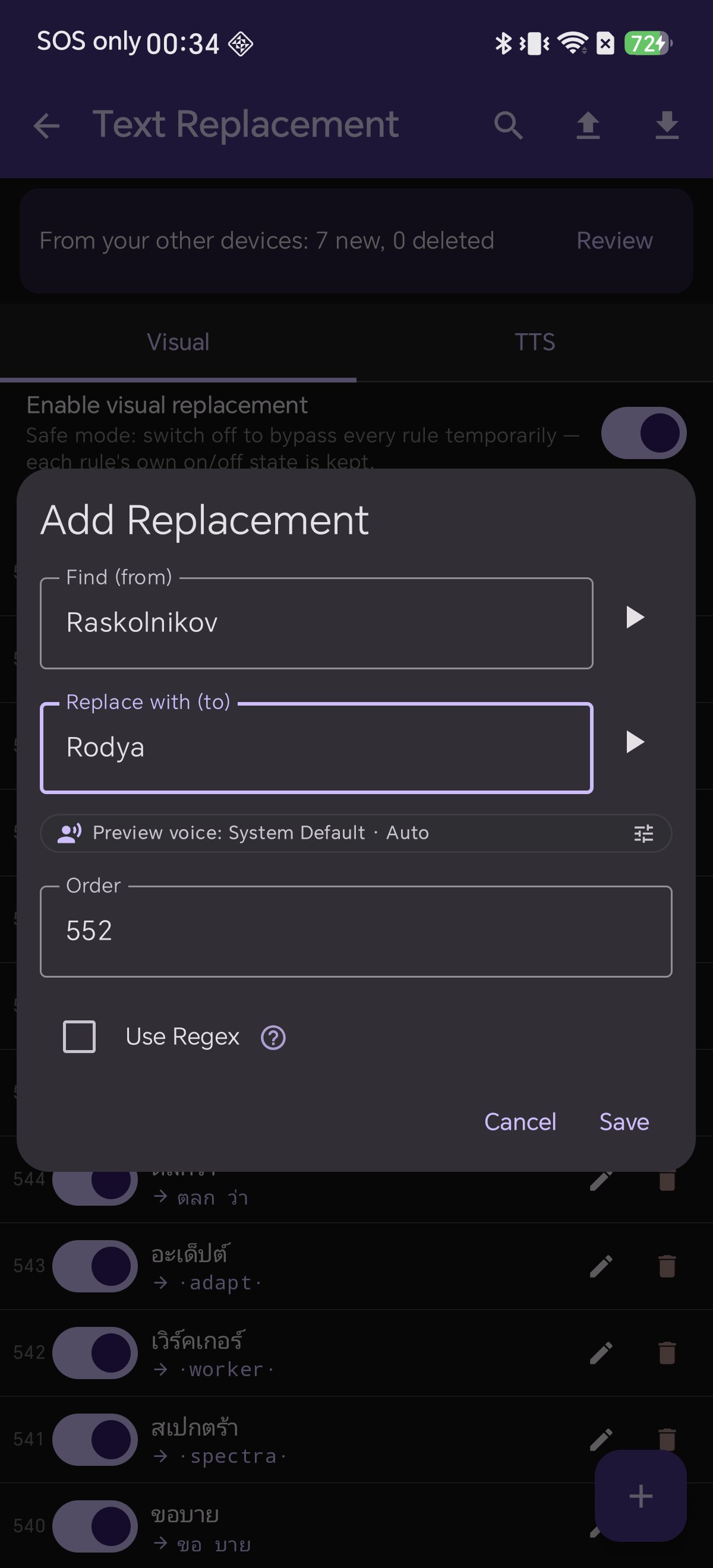 Adding a plain text replacement rule in Shiori, Raskolnikov to Rodya