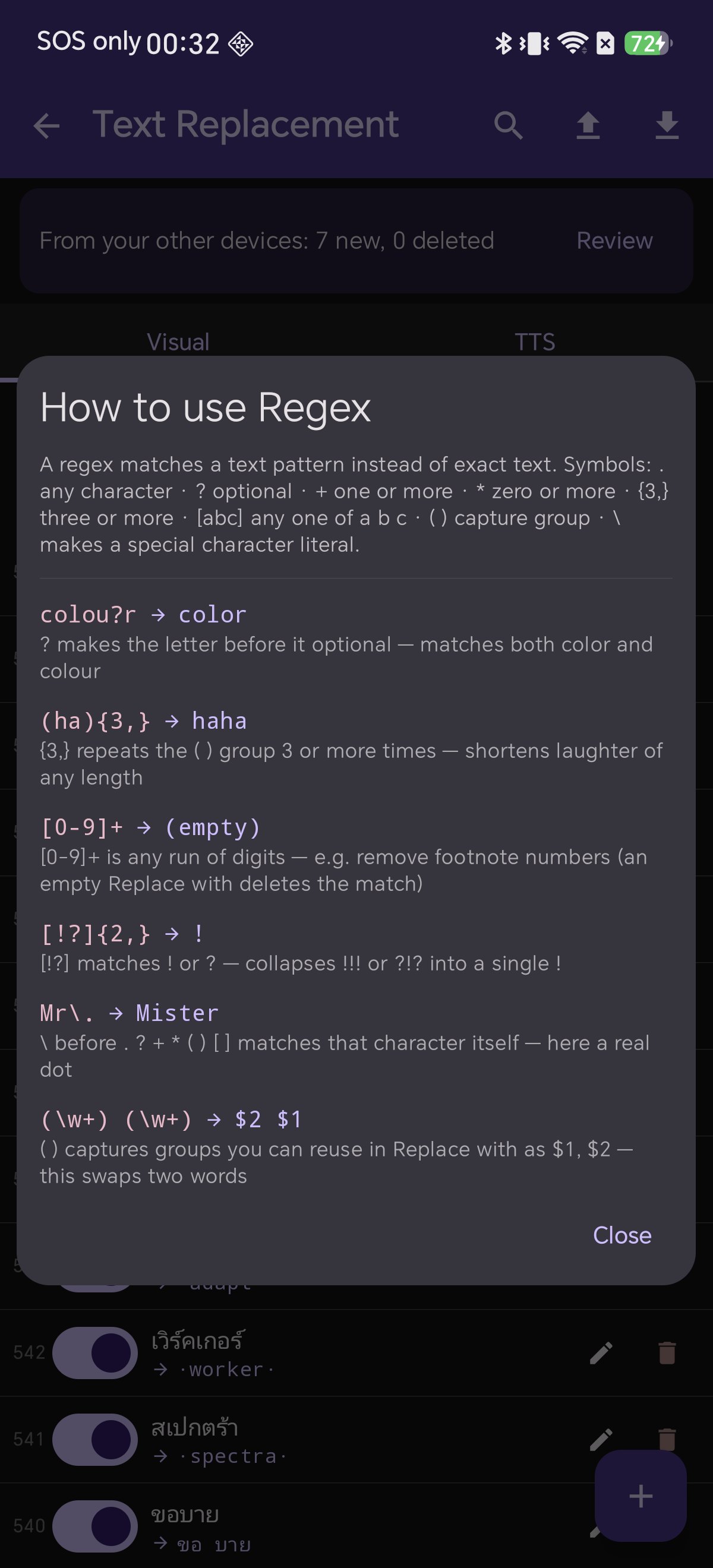 Shiori's built-in regex cheat sheet with six worked pattern examples