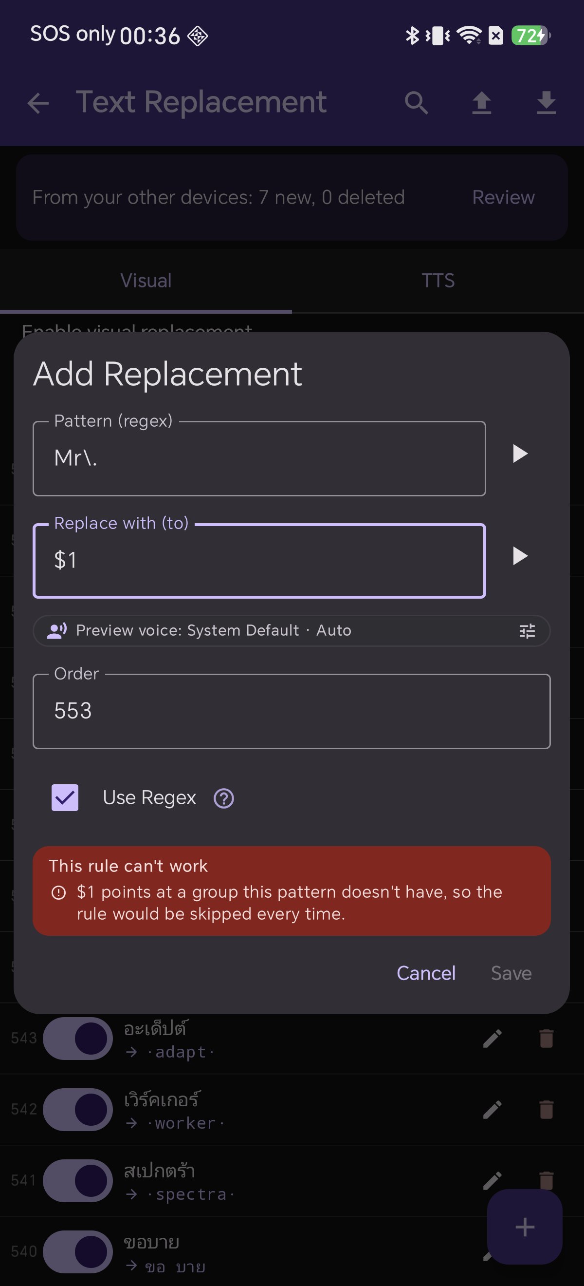 Shiori blocking an unusable regex rule with an explanation and a disabled Save button