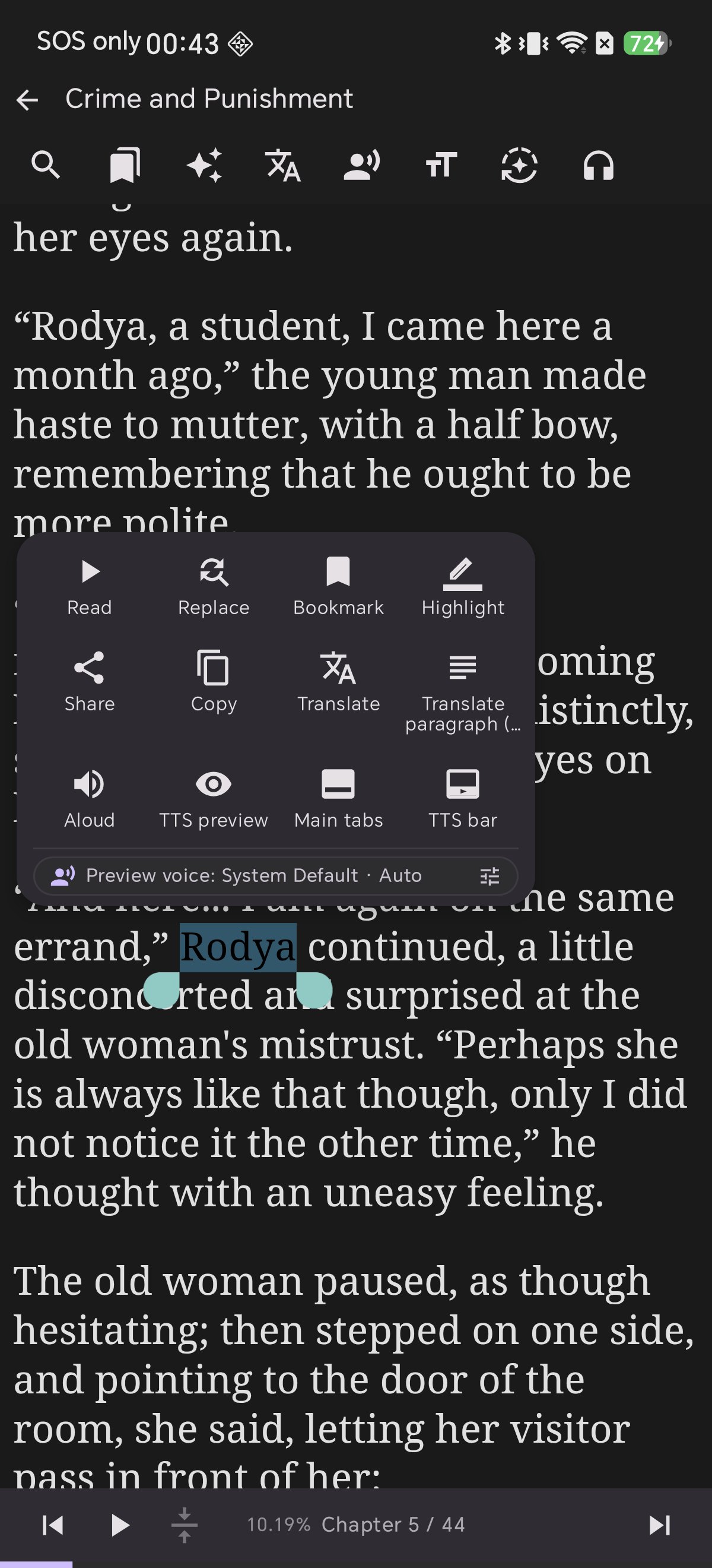 Shiori's text selection menu in the reader with Replace and TTS preview actions
