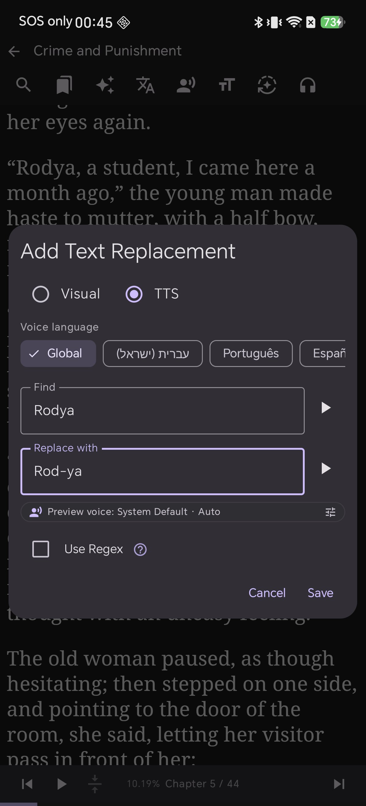 Adding a TTS-only replacement rule from a selection, with the voice language chips visible