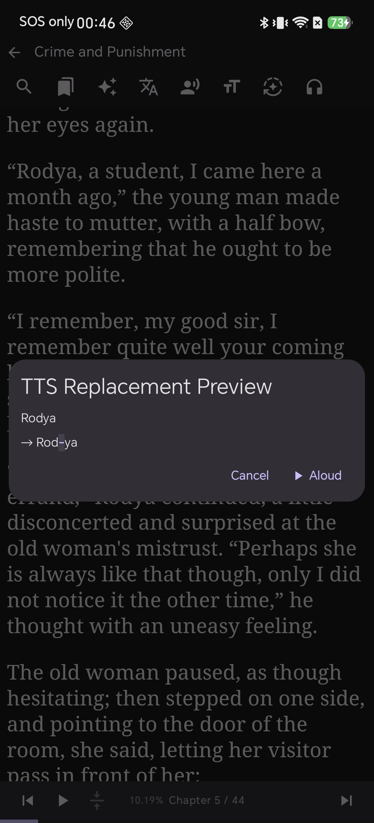 Shiori's TTS replacement preview showing the original text and the spoken result