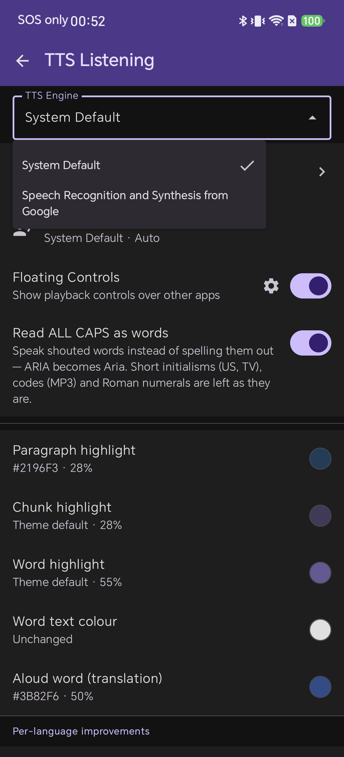 The TTS Engine dropdown in Shiori showing System Default and Speech Recognition and Synthesis from Google