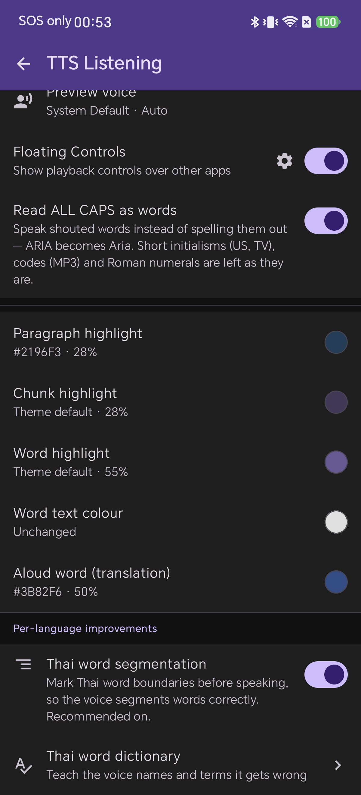 Per-language improvements section showing Thai word segmentation and dictionary