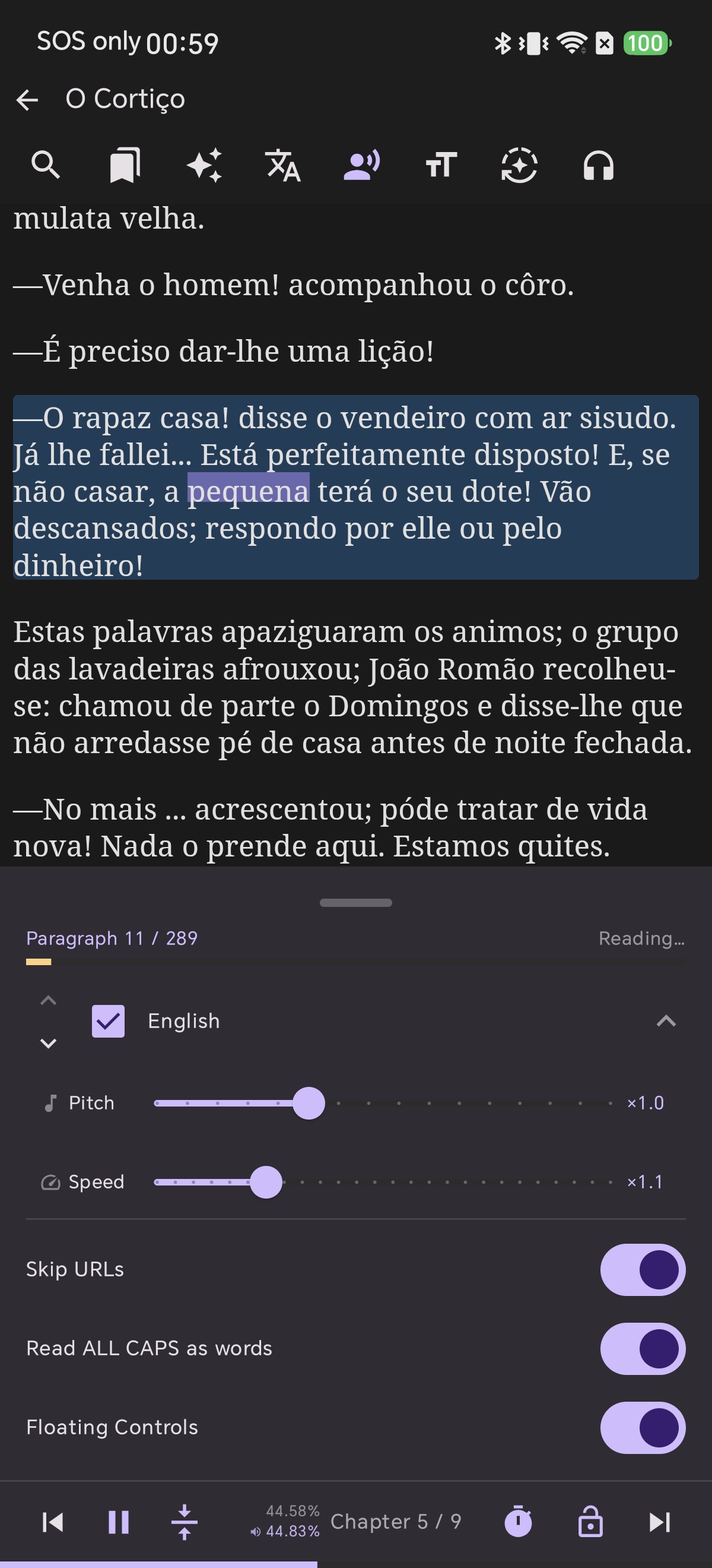 Shiori in-reader text-to-speech panel showing the language list and sliders