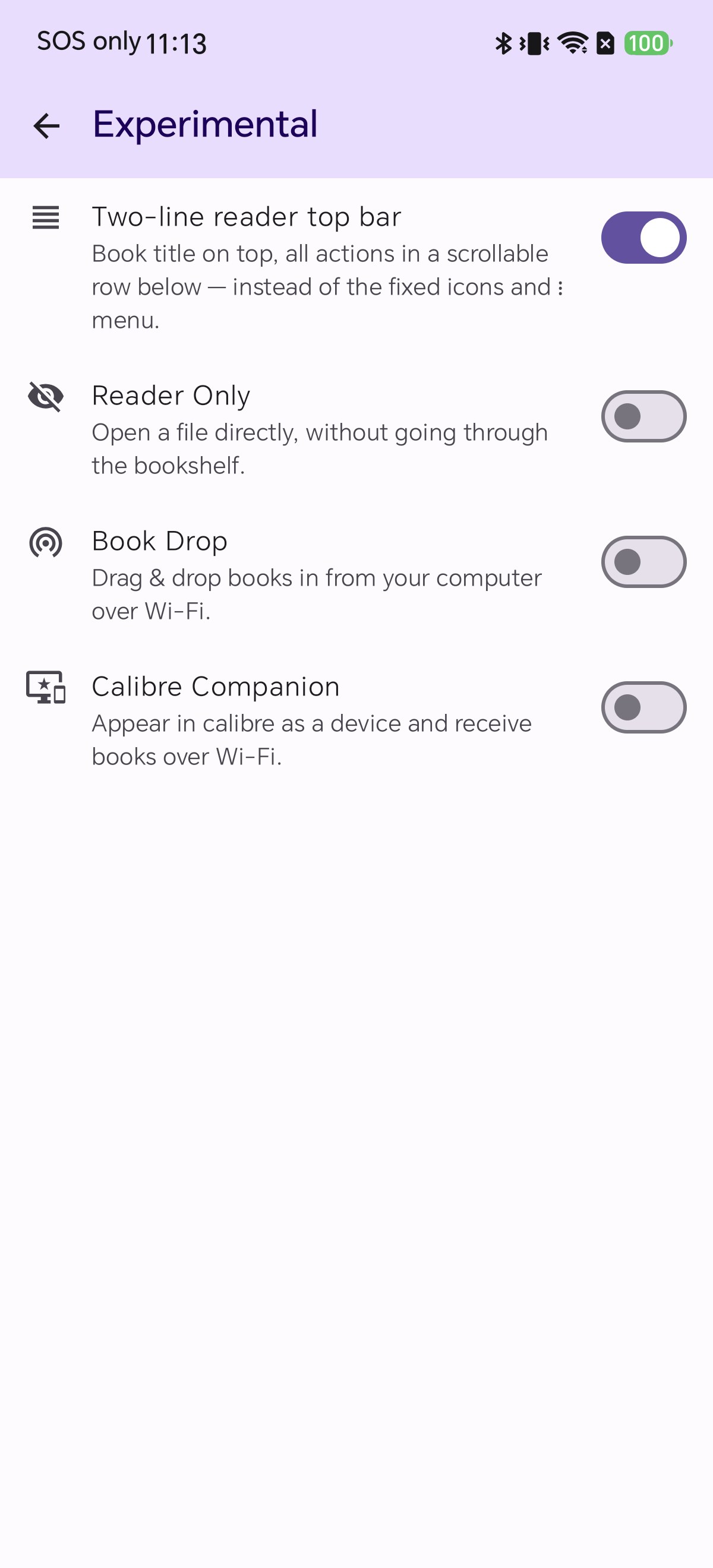 Enabling the Two-line reader top bar toggle in Shiori's Experimental settings