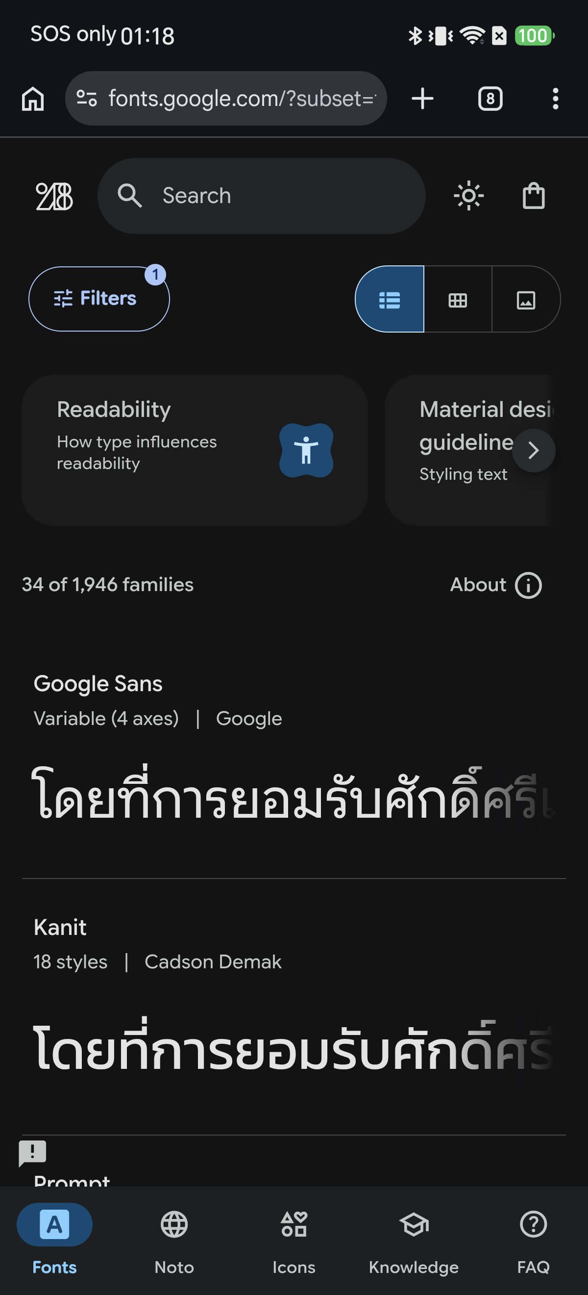 Google Fonts catalogue filtered to Thai, showing 34 of 1,946 families