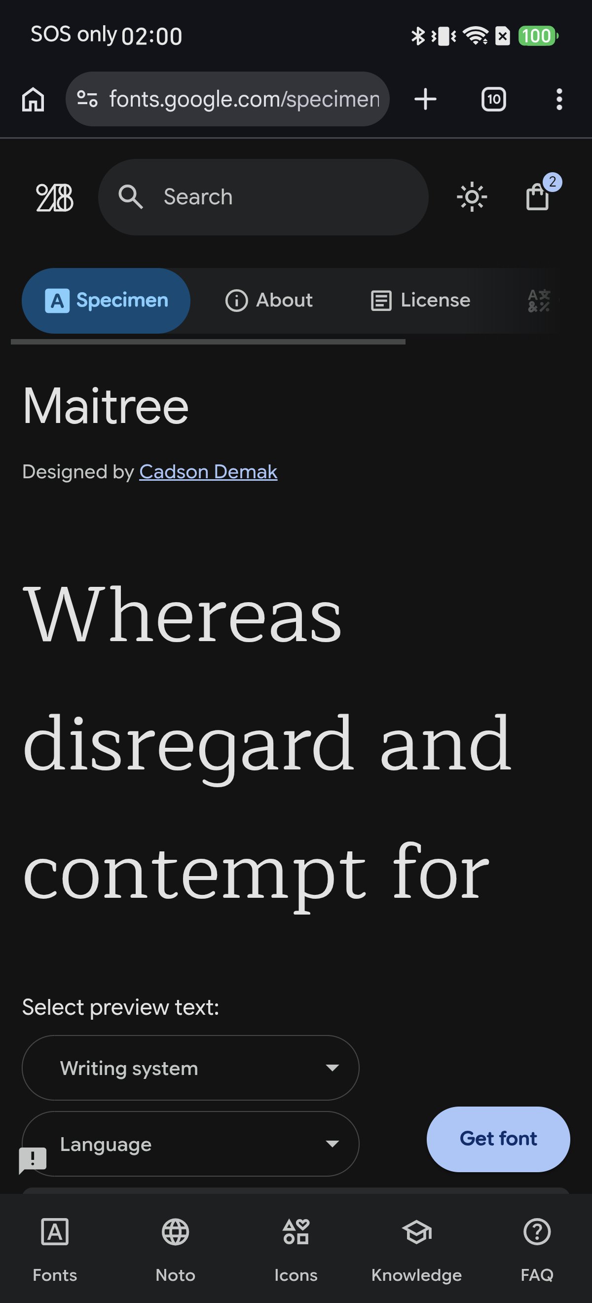 The Maitree specimen page on Google Fonts with Get font button