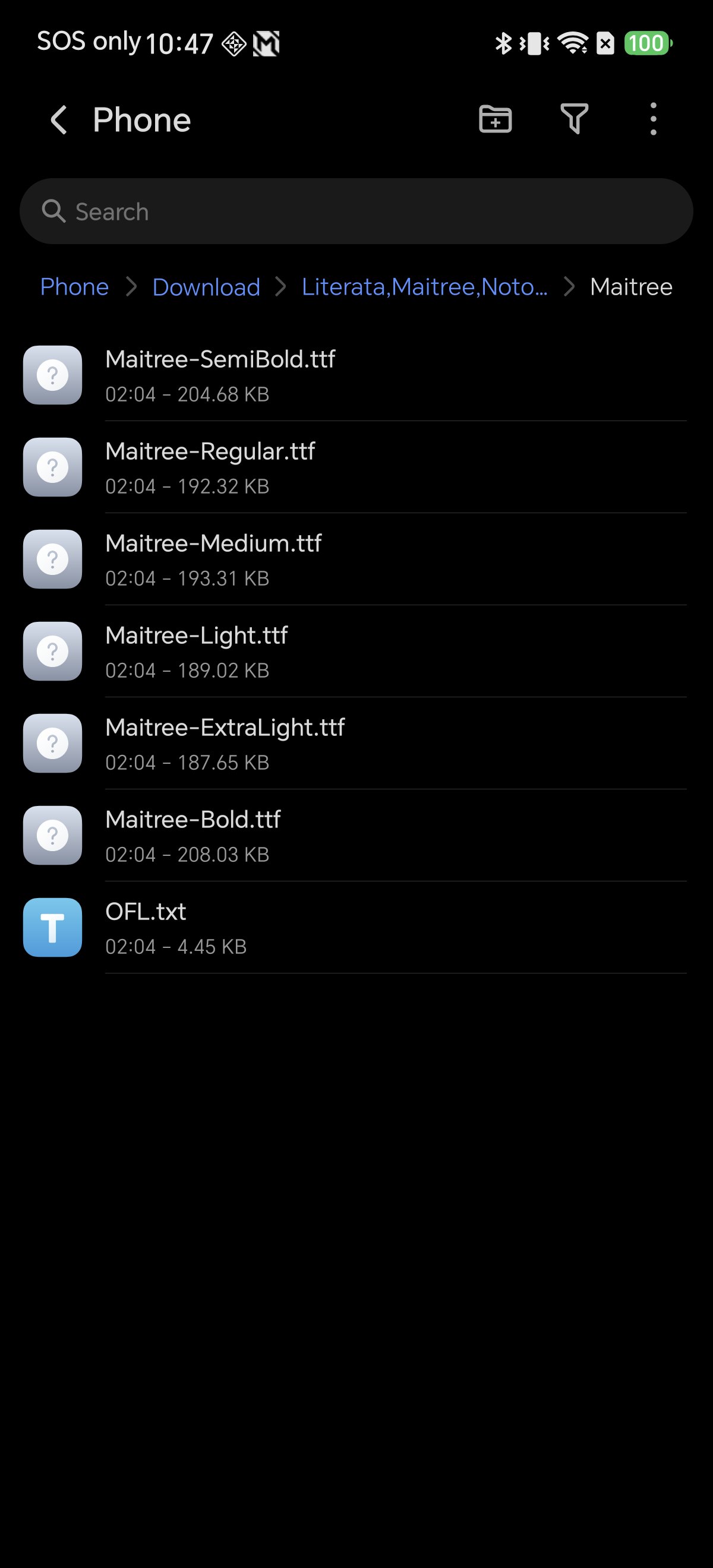 Maitree folder listing weight files from ExtraLight to Bold