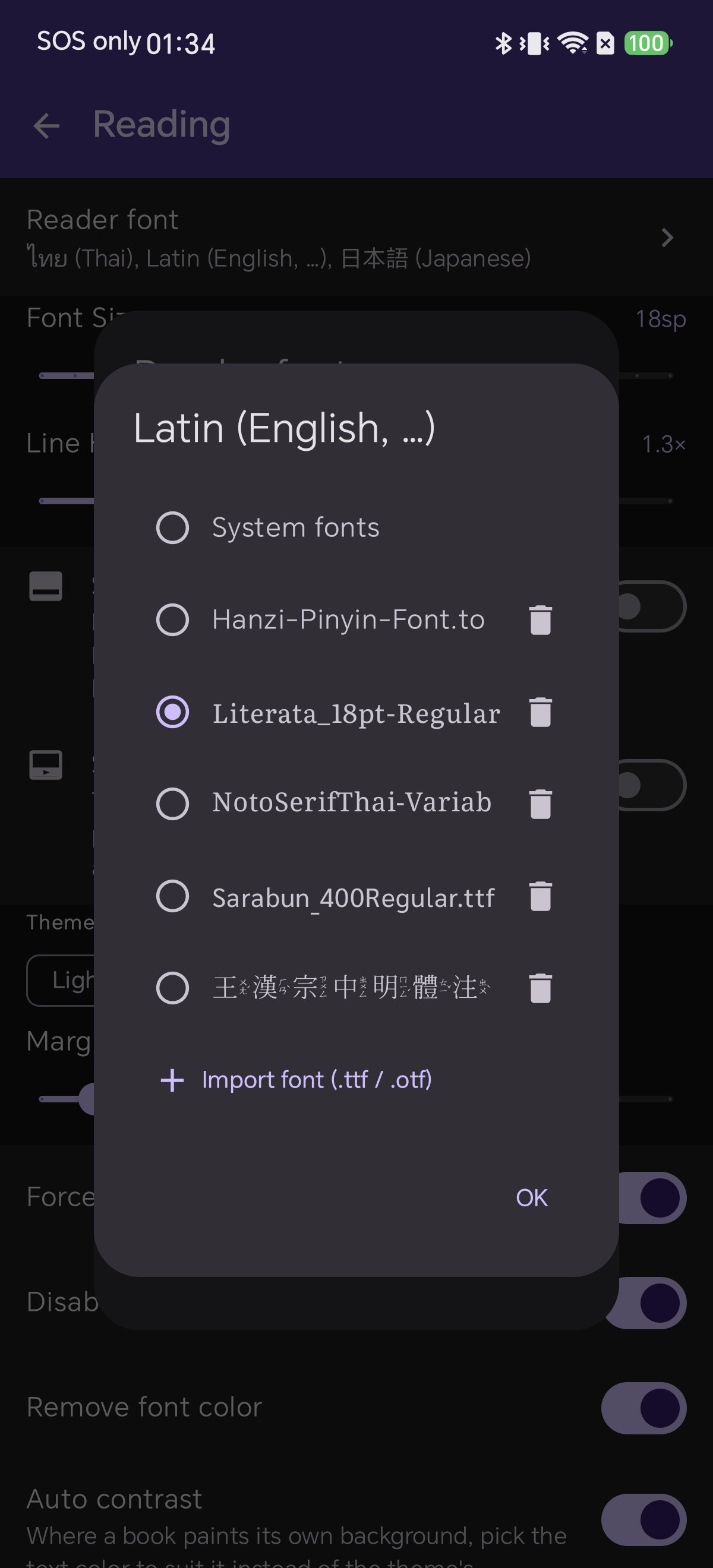 Latin font slot in Shiori with Literata_18pt-Regular selected