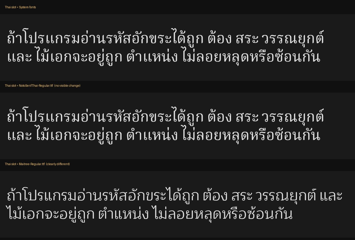 Comparison of the same Thai paragraph with System font, Noto Serif Thai and Maitree